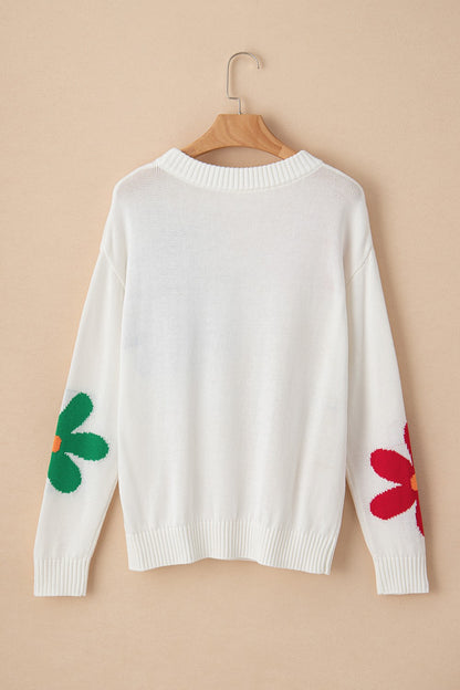 Flower Round Neck Dropped Shoulder Sweater-Angel Casuals