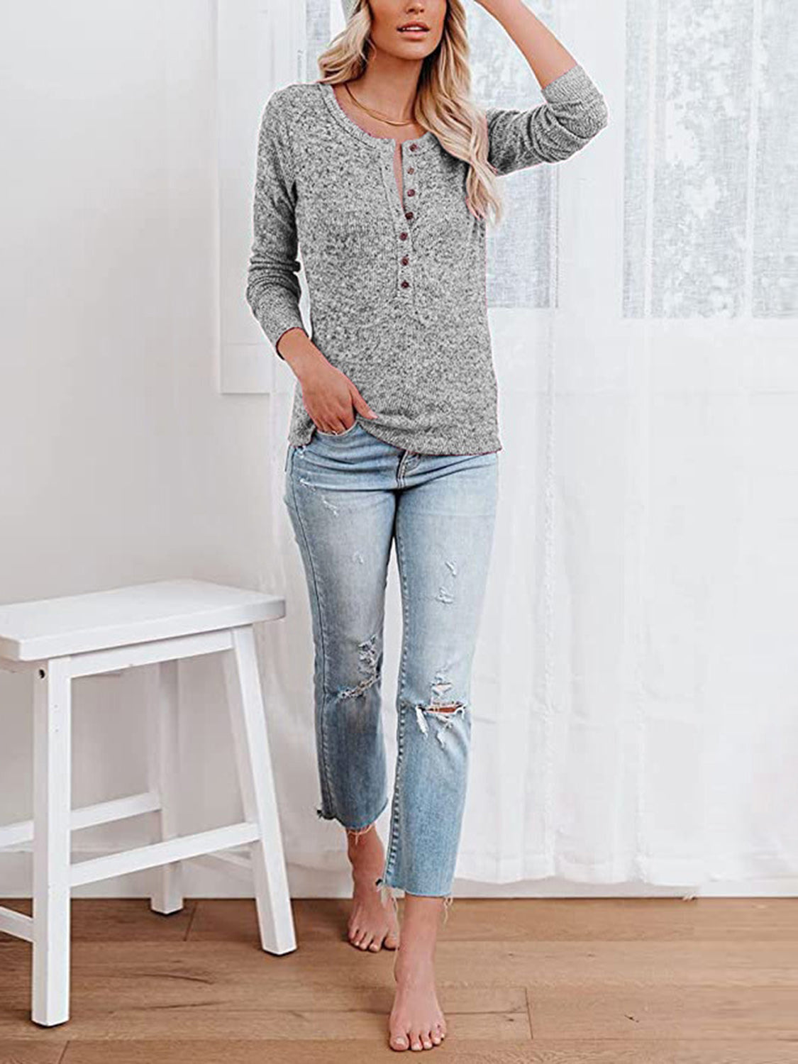 Round Neck Buttoned Long Sleeve T-Shirt-Angel Casuals