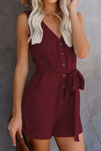 Full Size Tied V-Neck Sleeveless Romper with Pockets-Angel Casuals