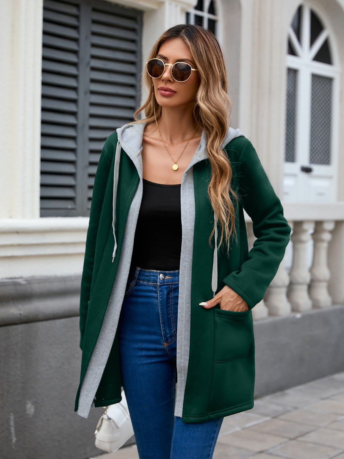 Drawstring Long Sleeve Hooded Jacket-Angel Casuals
