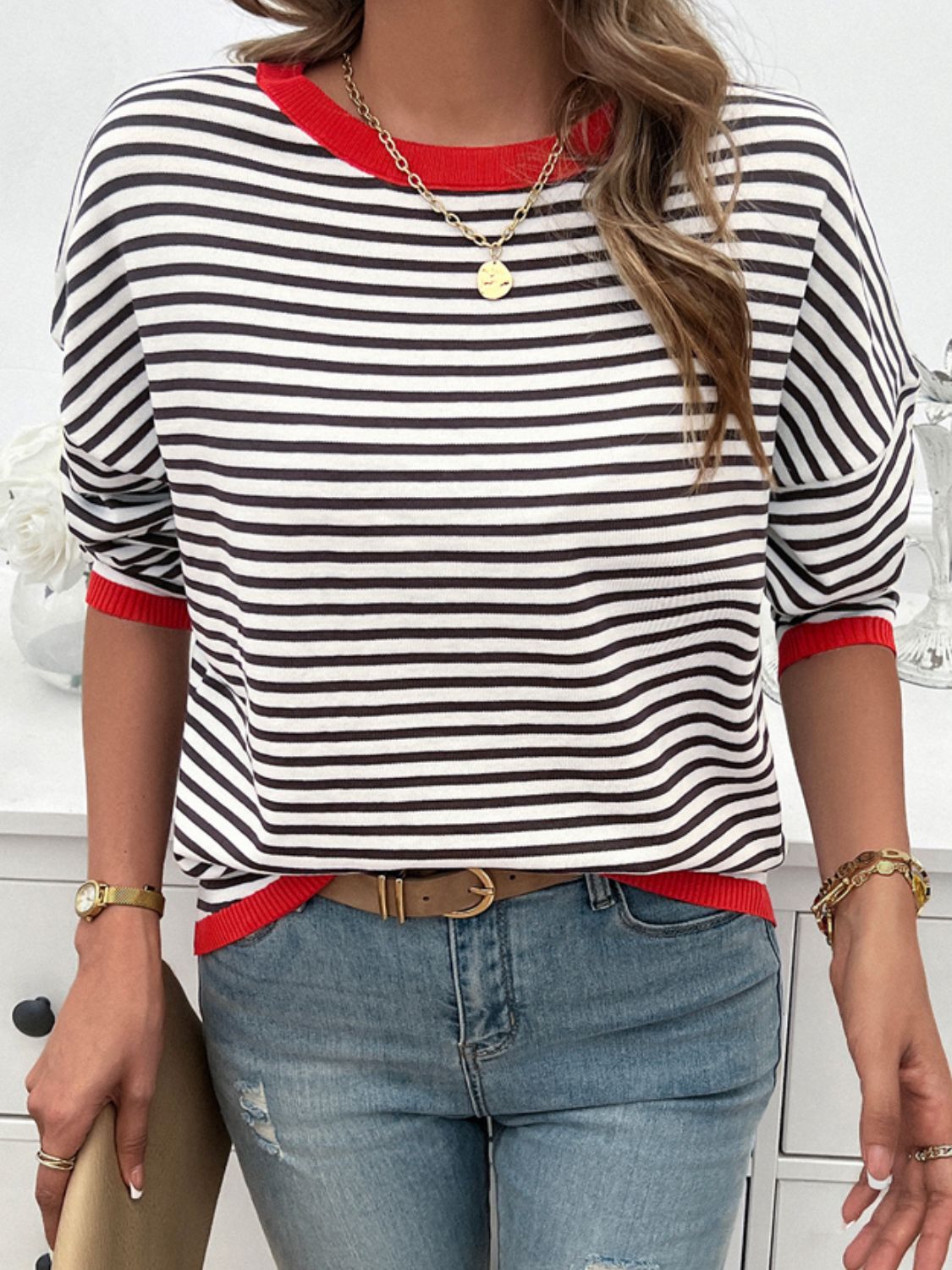 Devine Striped Round Neck Dropped Shoulder Sweater-Angel Casuals