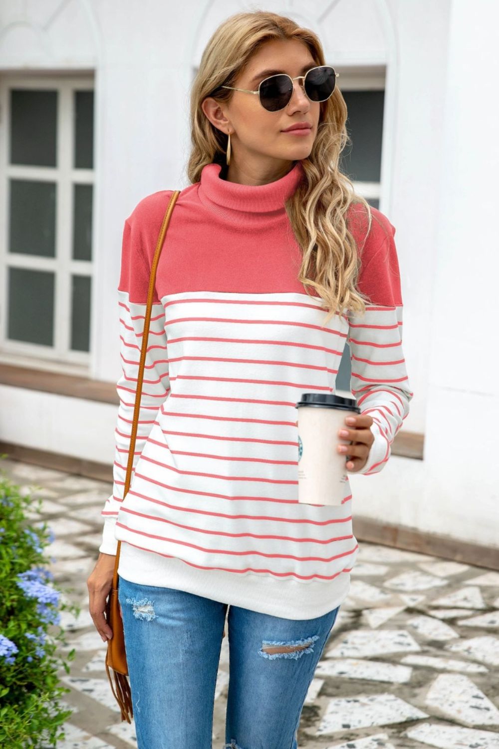 Striped Contrast Turtleneck Sweater-Angel Casuals