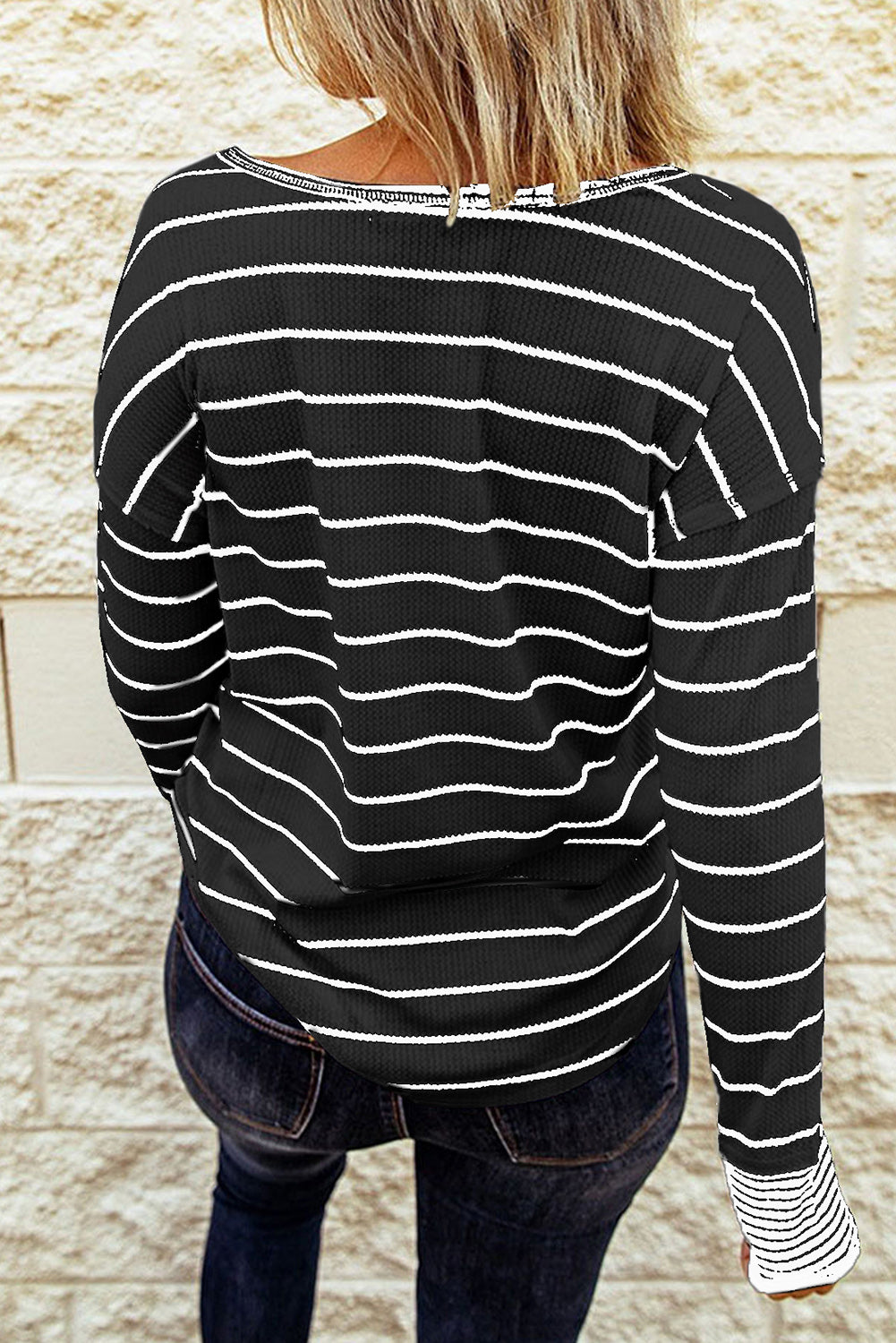 Striped Waffle Knit Henley Long Sleeve Top-Angel Casuals