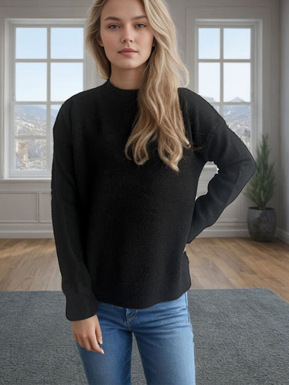 Round Neck Drop Shoulder Long Sleeve Sweater-Angel Casuals