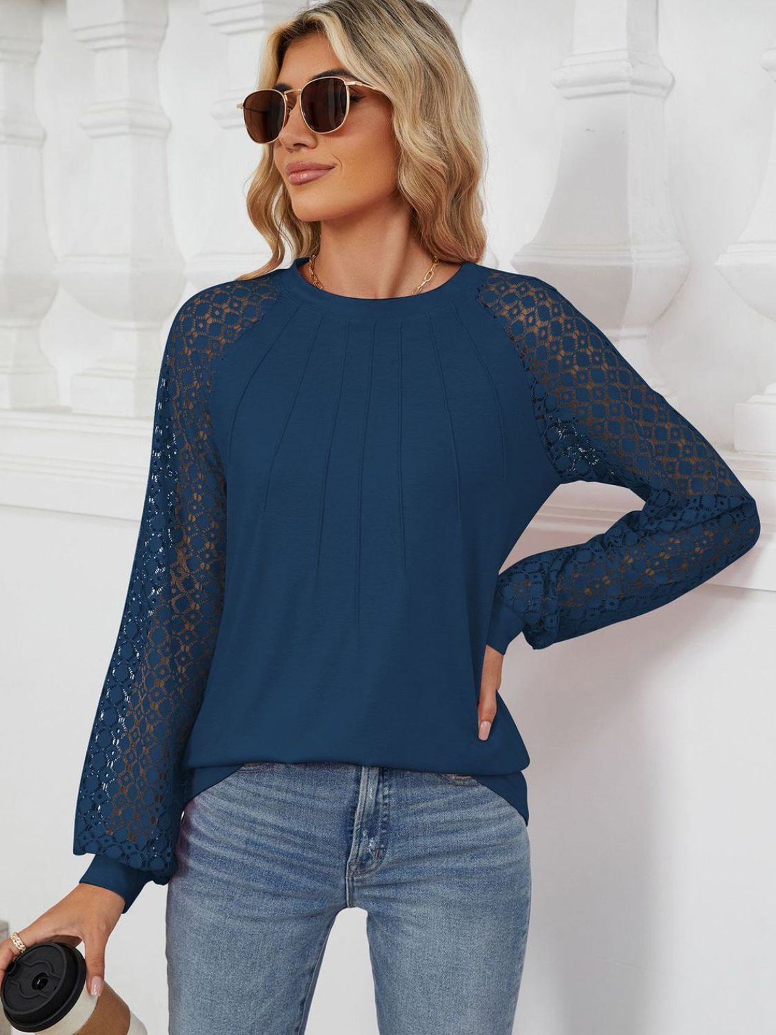 Round Neck Lace Long Sleeve Top-Angel Casuals
