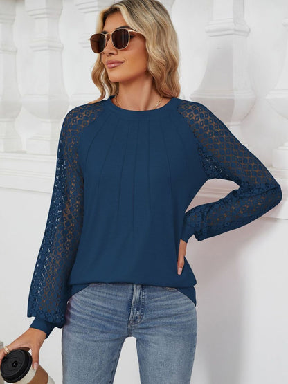 Round Neck Lace Long Sleeve Top-Angel Casuals
