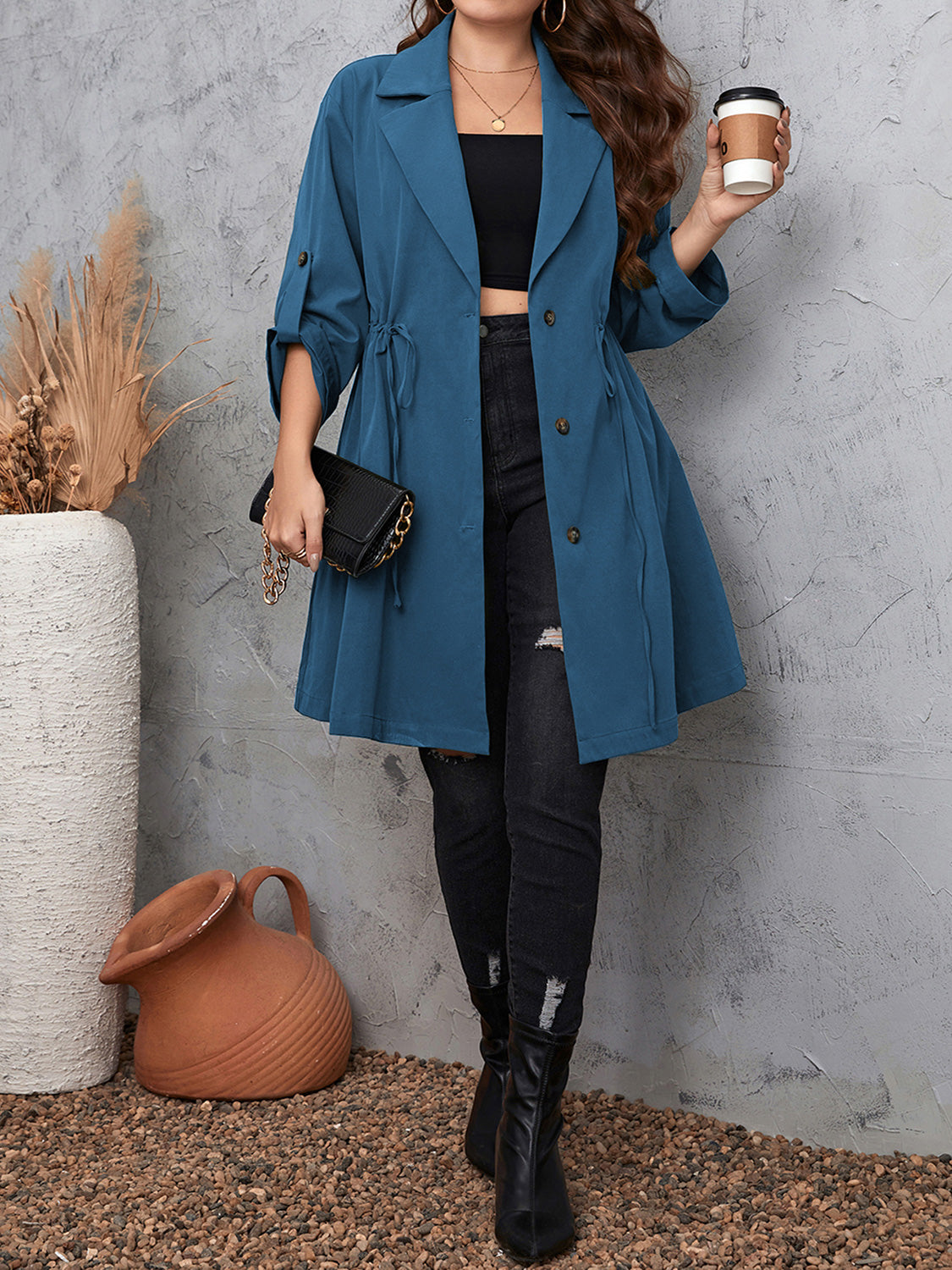 Honey Plus Size Lapel Collar Drawstring Roll-Tab Sleeve Trench Coat-Angel Casuals