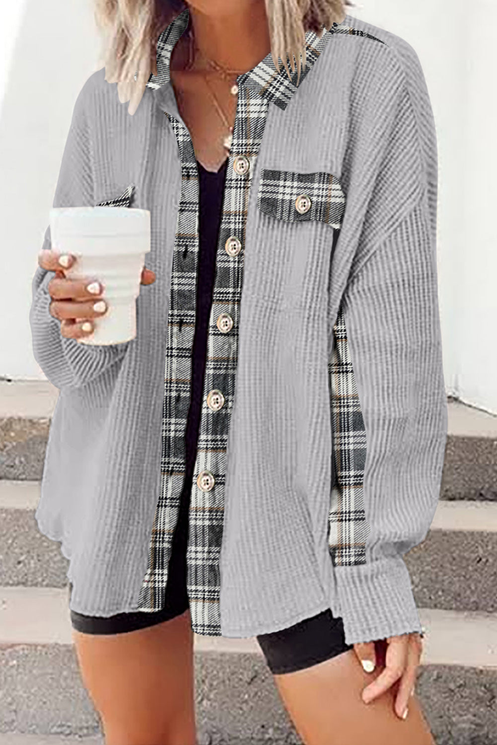 Plaid Button Down Collared Jacket-Angel Casuals