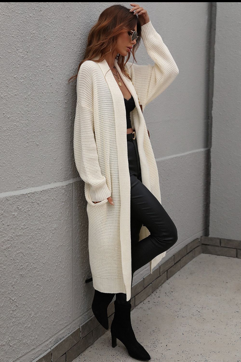 Waffle Knit Open Front Duster Cardigan With Pockets-Angel Casuals