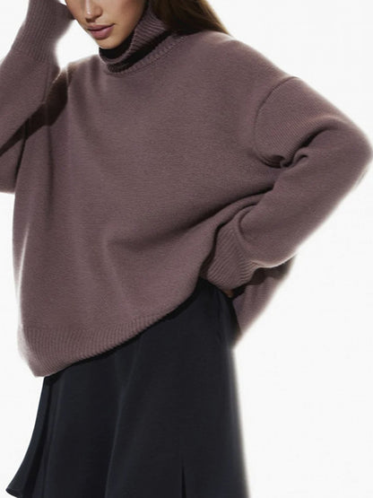 Ribbed Detail Turtleneck Dropped Shoulder Sweater-Angel Casuals