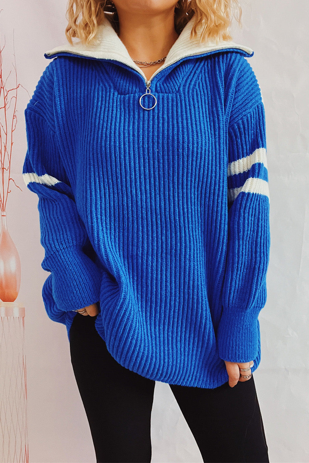 Quarter Zip Striped Dropped Shoulder Sweater-Angel Casuals