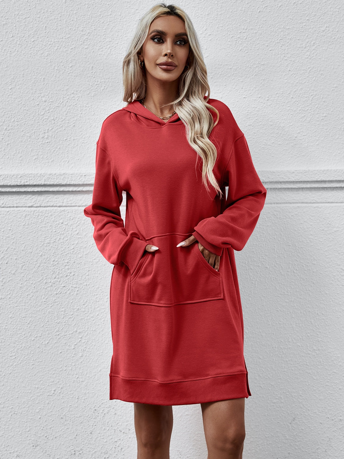 Slit Long Sleeve Hooded Dress with Pocket-Angel Casuals