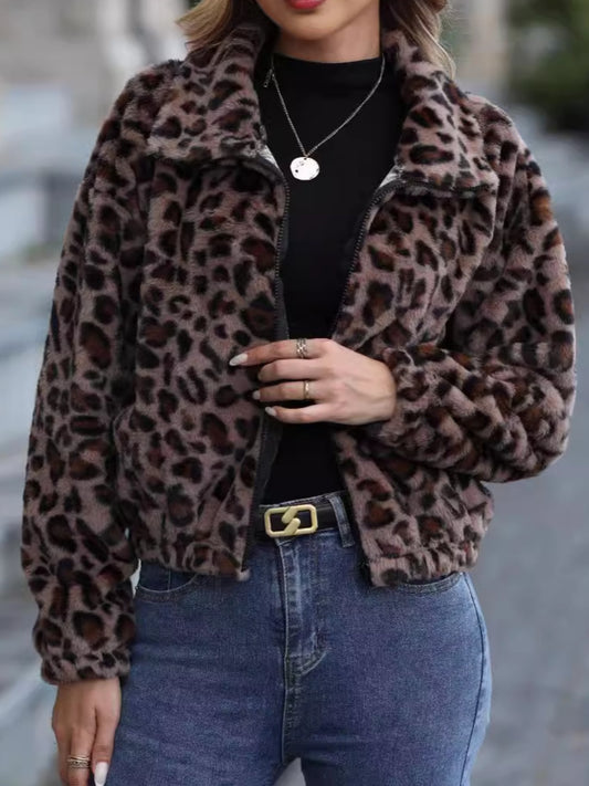 Leopard Collared Neck Zip Up Jacket-Angel Casuals