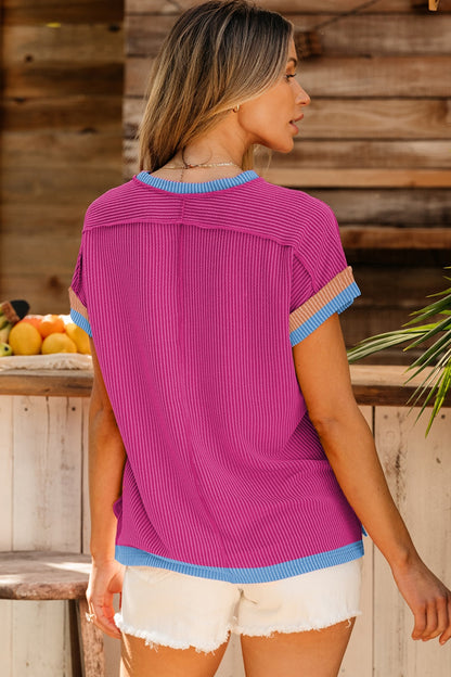Color Block Round Neck Cap Sleeve T-Shirt-Angel Casuals