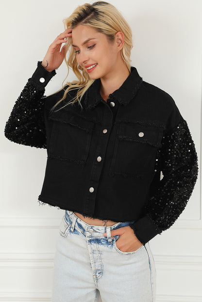 Sequin Button Up Raw Hem Denim Jacket-Angel Casuals