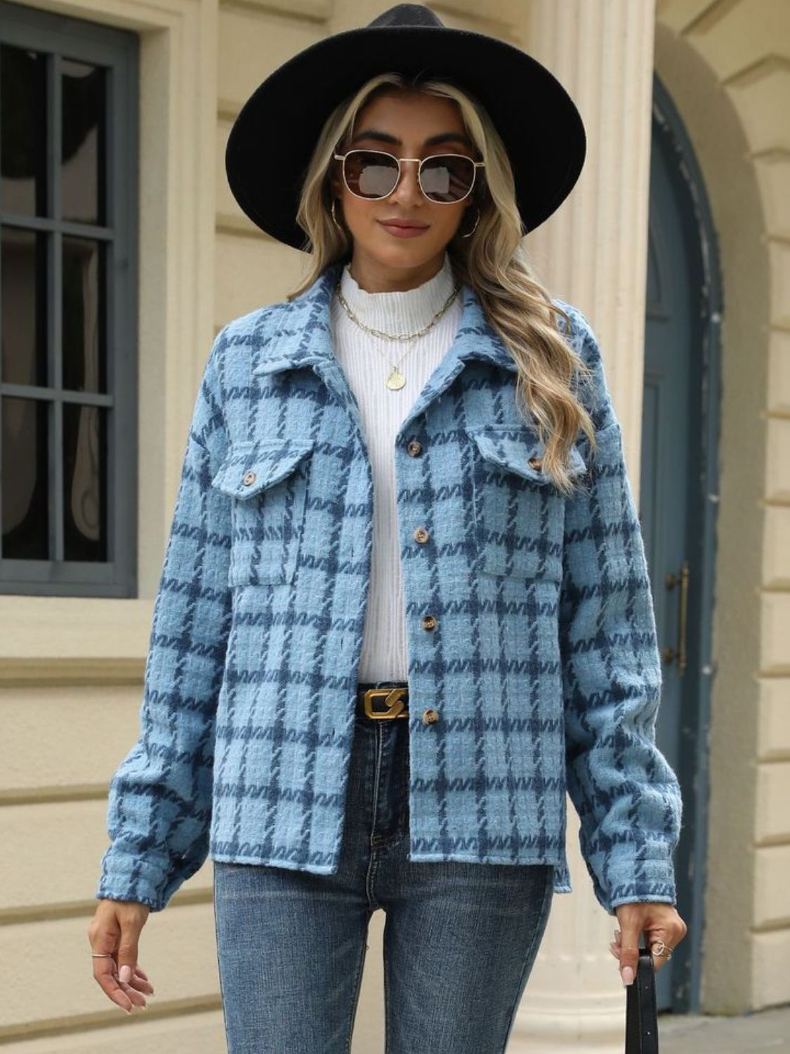 Plaid Collared Neck Long Sleeve Jacket-Angel Casuals