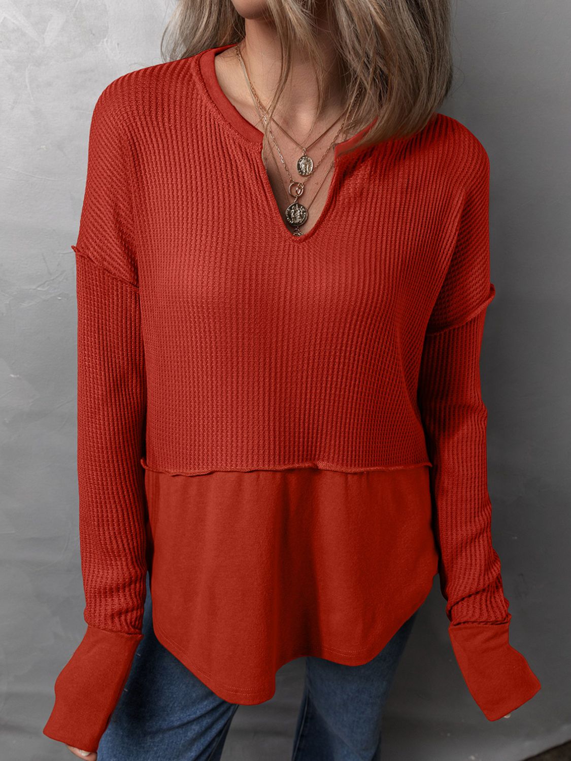 Waffle-Knit Notched Long Sleeve T-Shirt-Angel Casuals