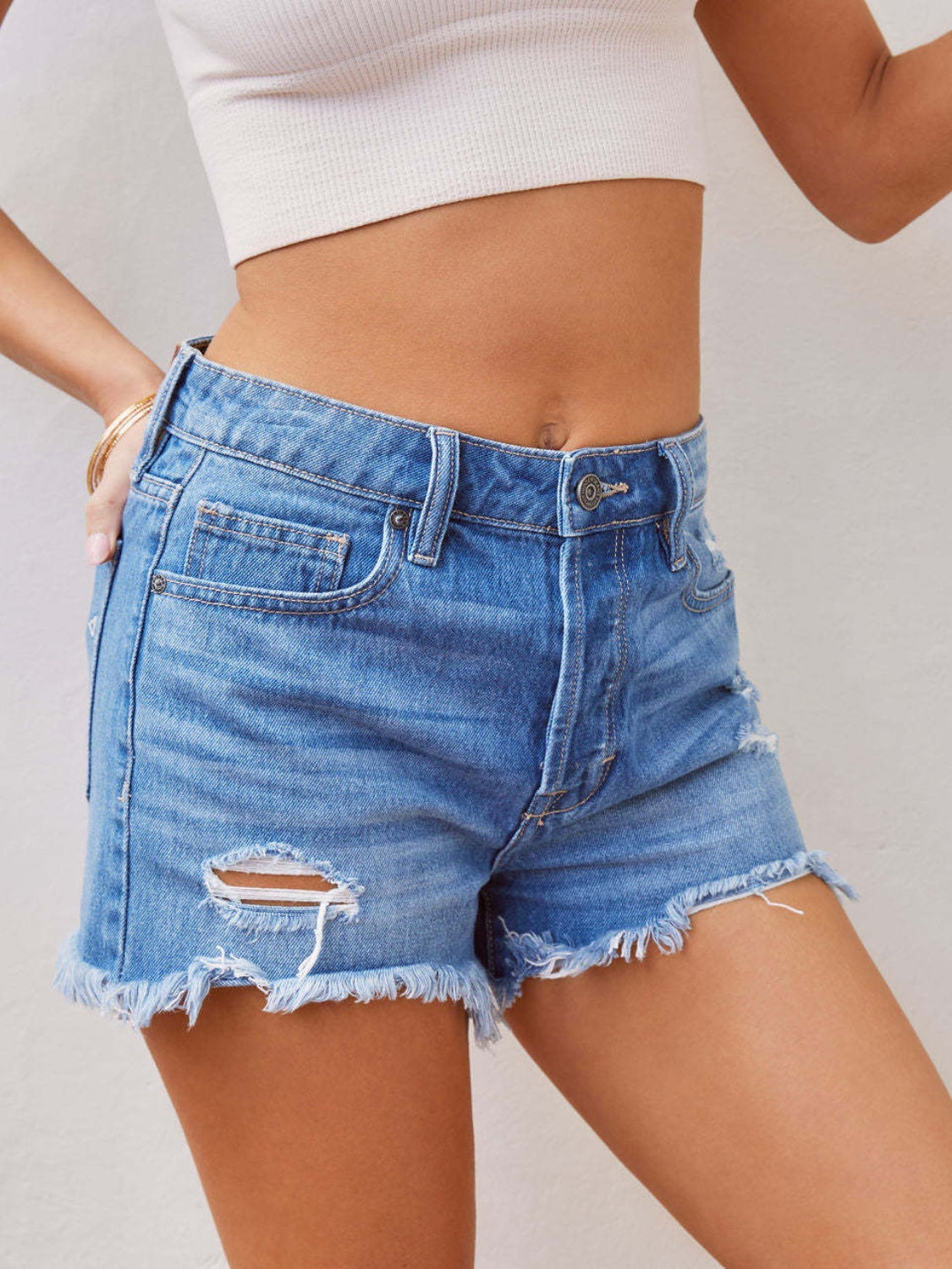 Distressed Raw Hem Denim Shorts-Angel Casuals