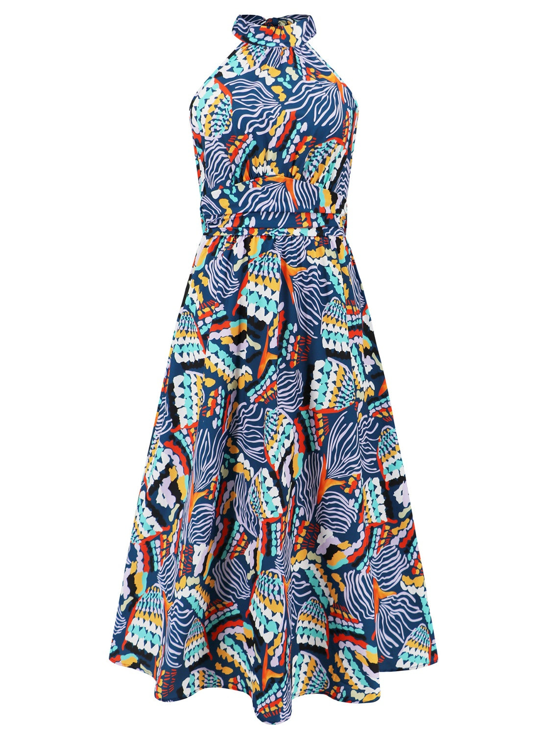 Ruched Printed Halter Neck Sleeveless Dress-Angel Casuals