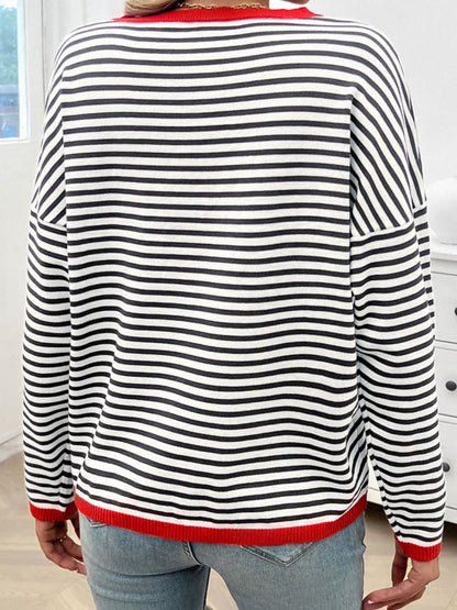 Devine Striped Round Neck Dropped Shoulder Sweater-Angel Casuals