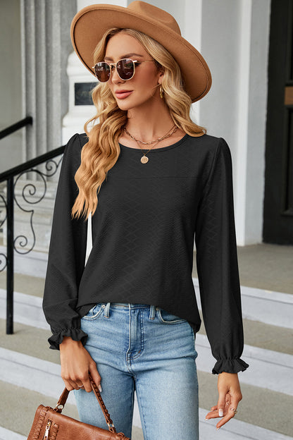 Round Neck Flounce Sleeve T-Shirt-Angel Casuals