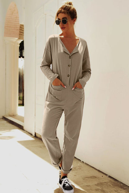 Buttoned Drop Shoulder Pocket Jumpsuit-Angel Casuals