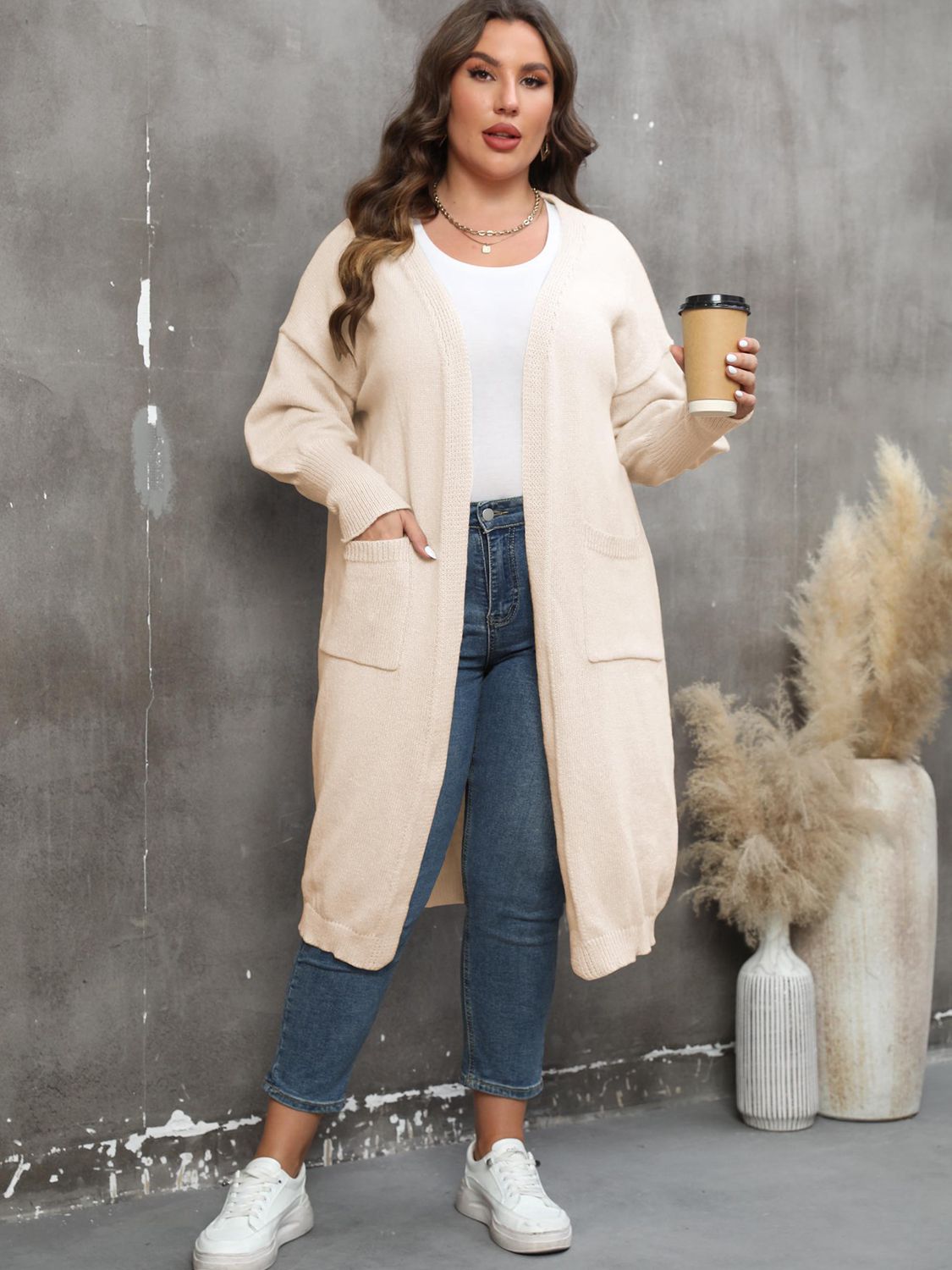 Plus Size Long Sleeve Pocketed Cardigan-Angel Casuals