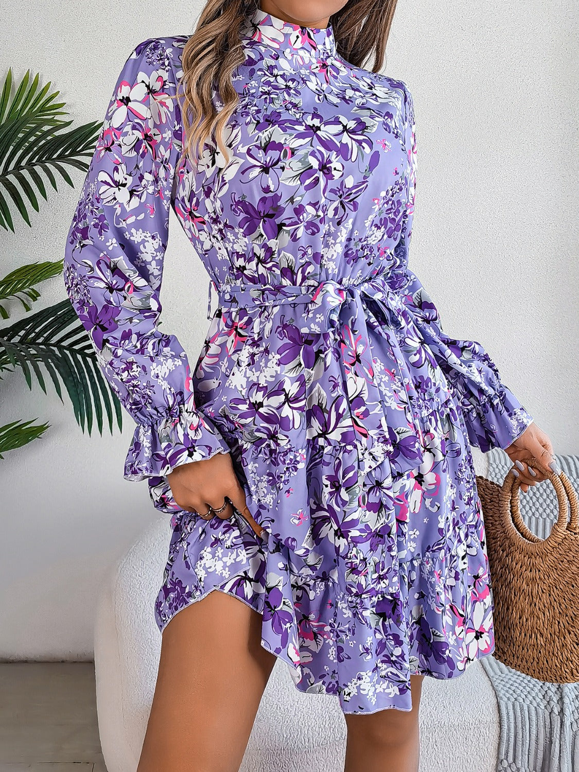 Printed Mock Neck Flounce Sleeve Mini Dress-Angel Casuals