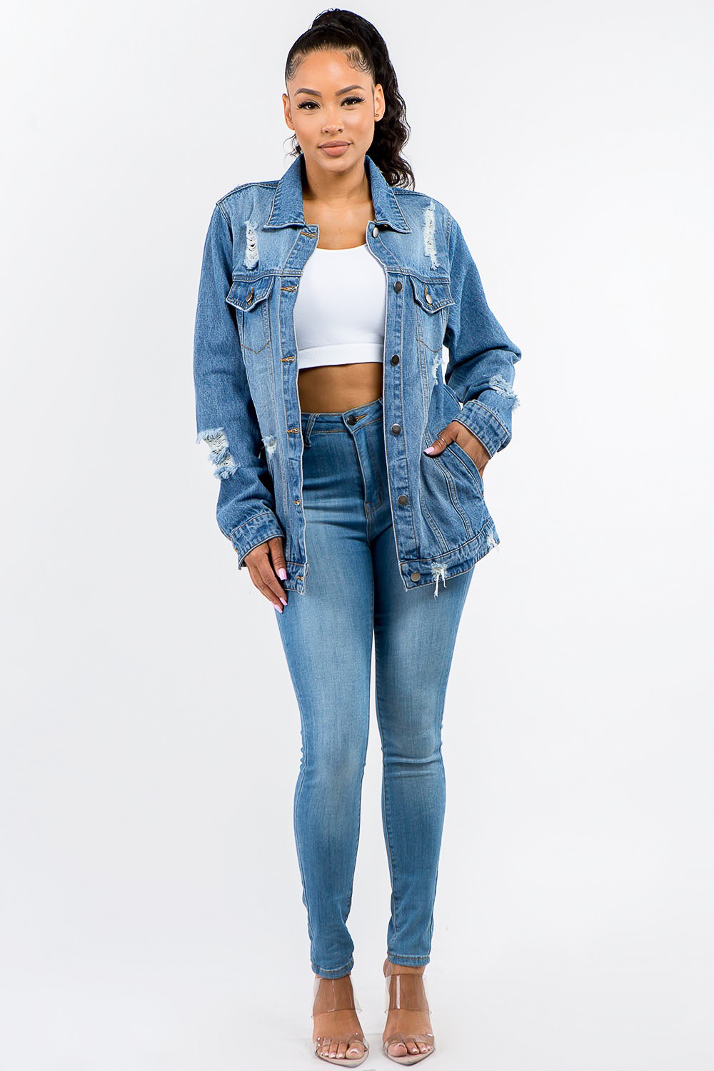 American Bazi Full Size Button Up Distressed Denim Jacket-Angel Casuals