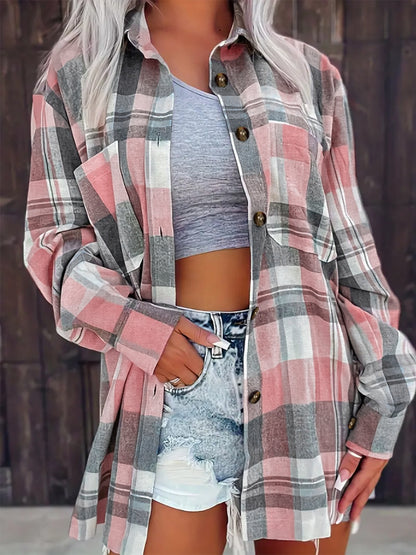 Pocketed Plaid Collared Neck Shacket-Angel Casuals