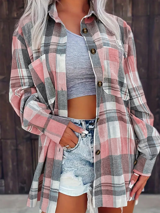 Pocketed Plaid Collared Neck Shacket-Angel Casuals