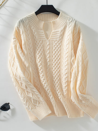 Cable-Knit Notched Long Sleeve Sweater-Angel Casuals