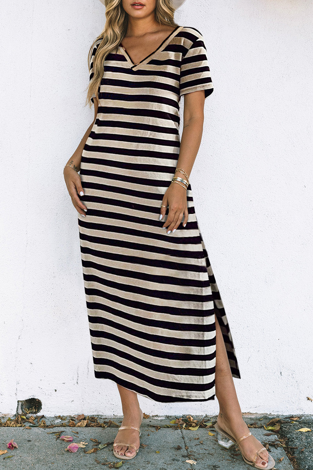 Striped V-Neck Short Sleeve Side Slit Dress-Angel Casuals