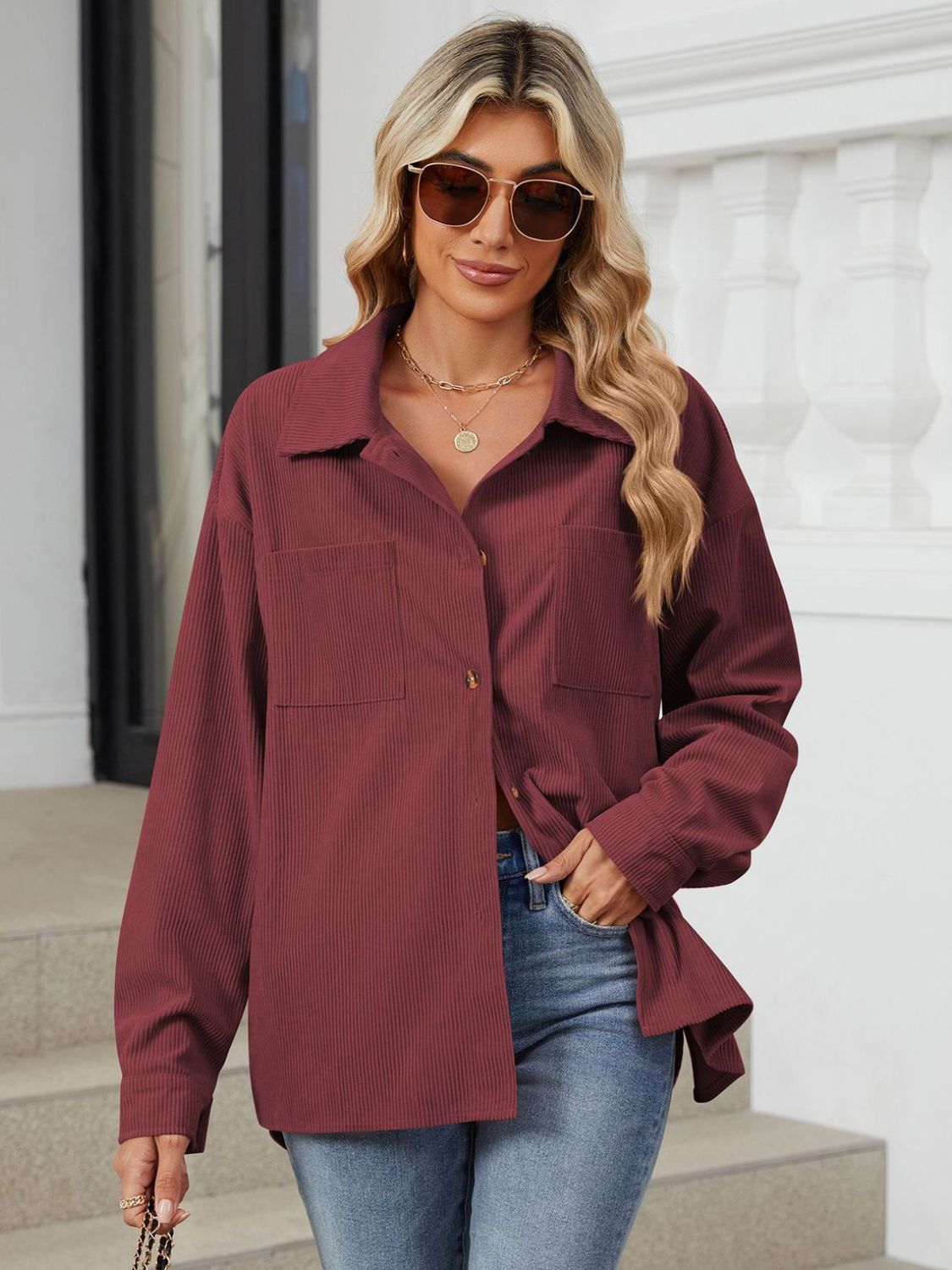 Button Up Dropped Shoulder Long Sleeve Outerwear-Angel Casuals