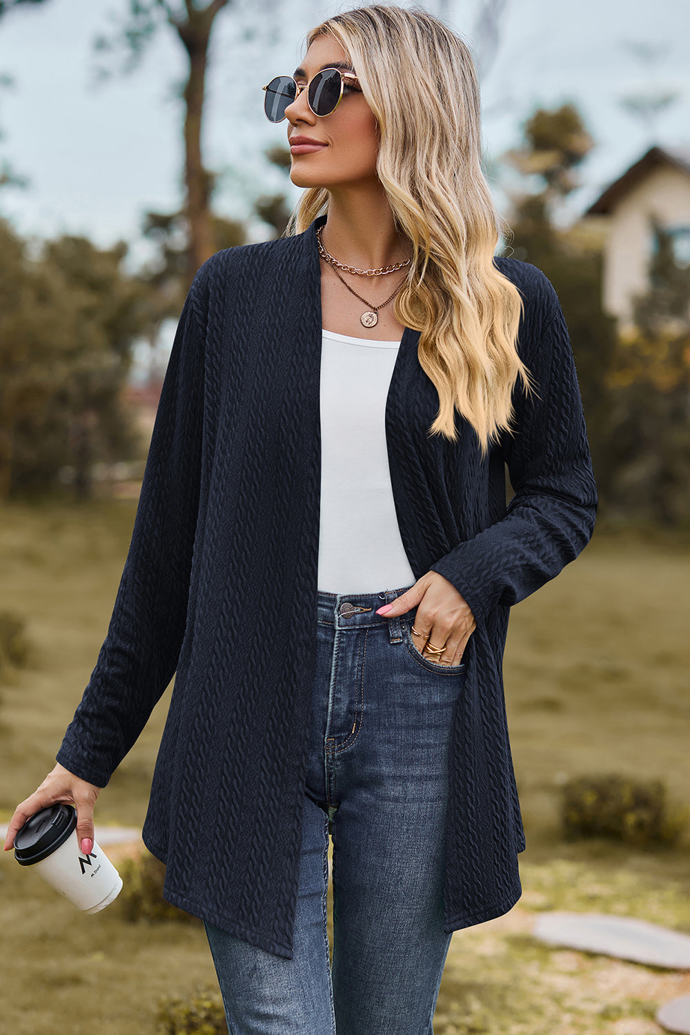 Textured Open Front Long Sleeve Cardigan-Angel Casuals