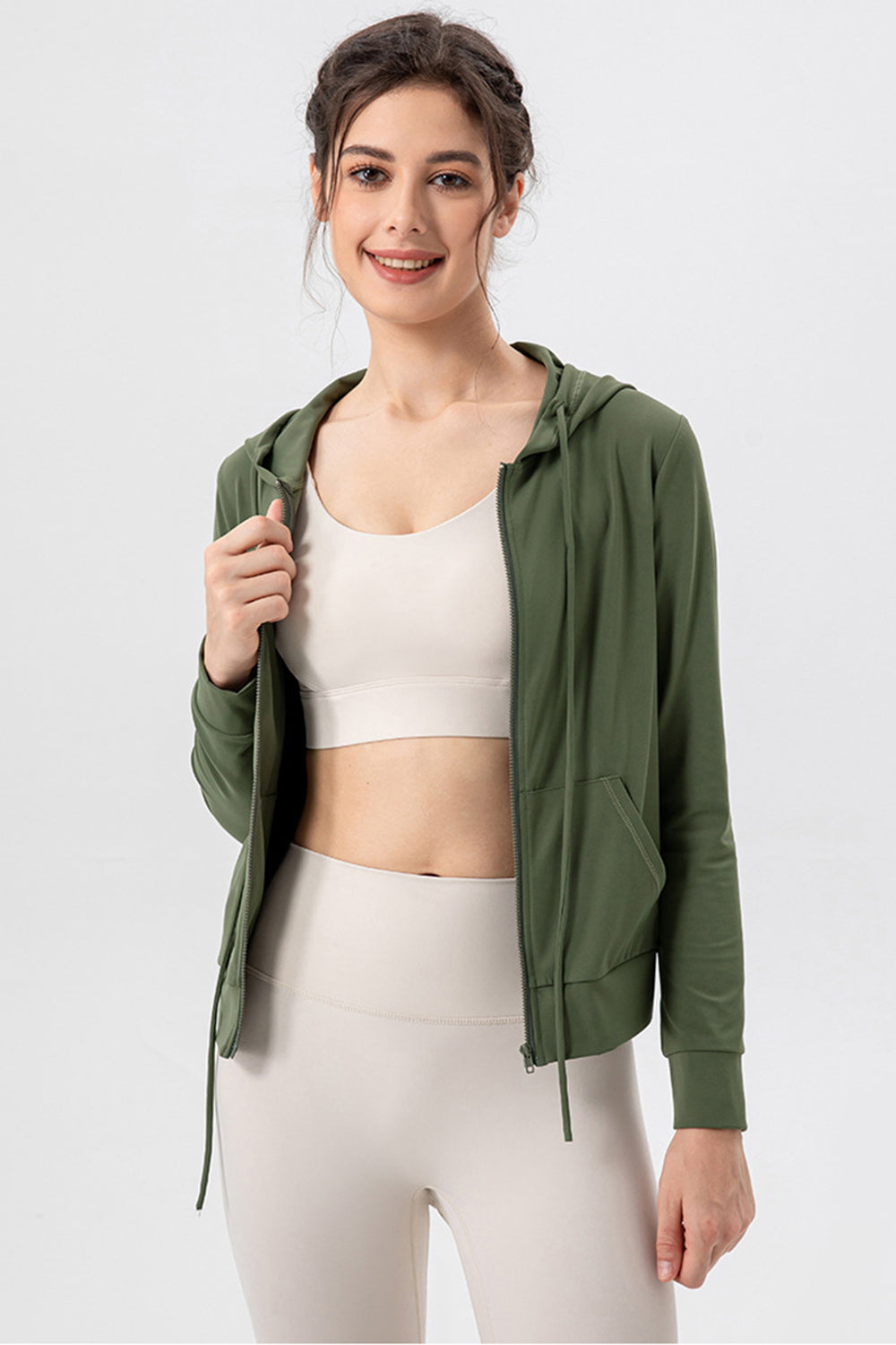 Drawstring Zip Up Hooded Active Outerwear-Angel Casuals
