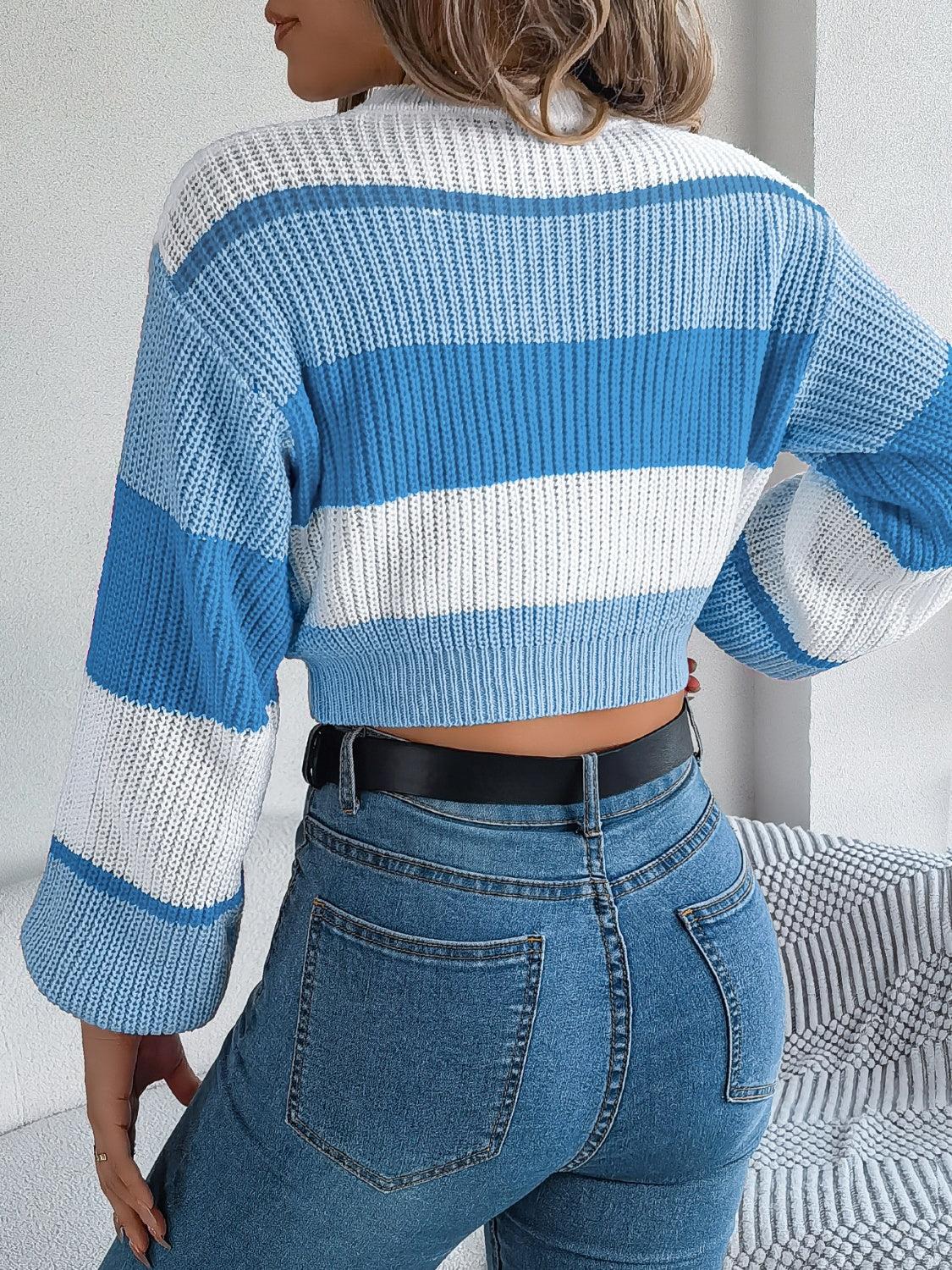 Color Block Round Neck Cropped Sweater-Angel Casuals