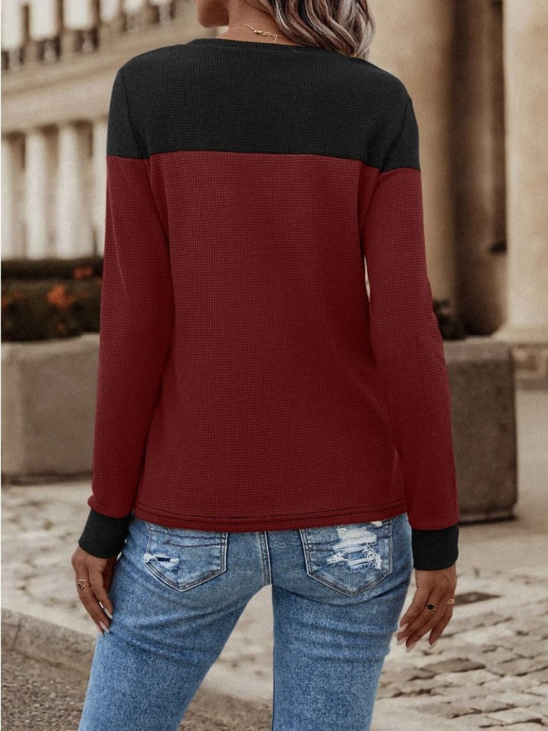 Contrast Buttoned Round Neck Long Sleeve T-Shirt-Angel Casuals