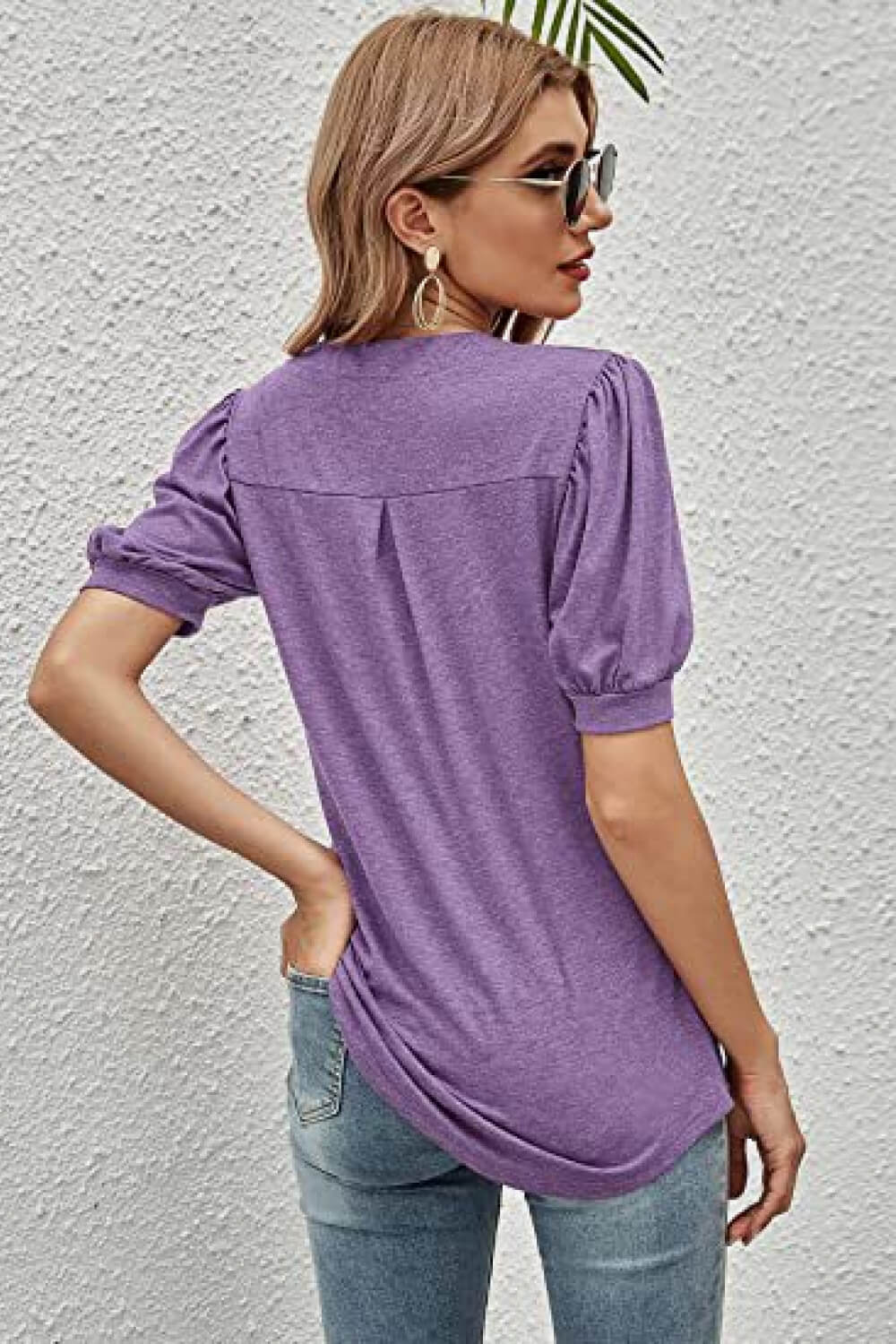 Notched Neck Puff Sleeve Tee-Angel Casuals