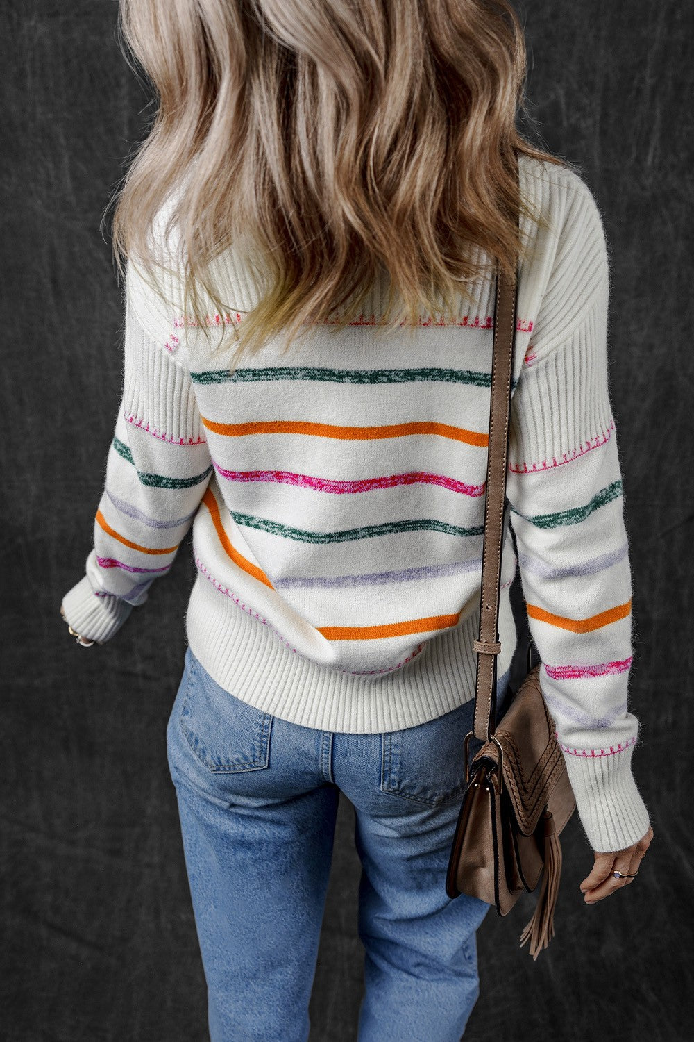 Striped Round Neck Dropped Shoulder Sweater-Angel Casuals