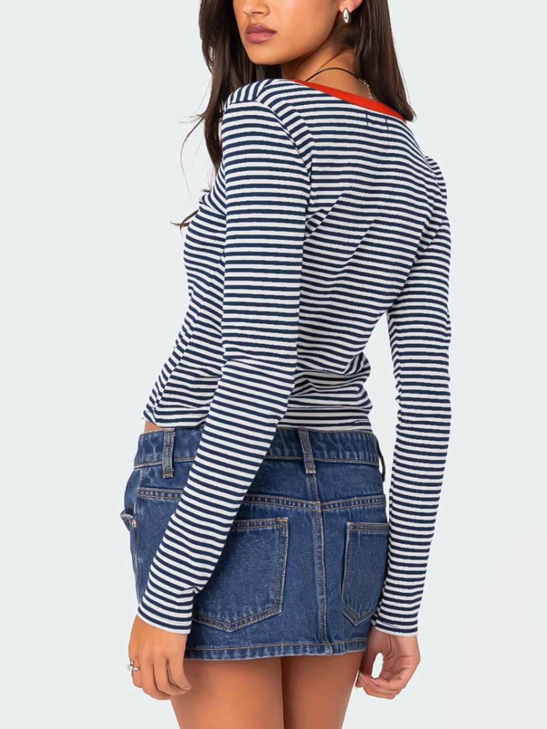 Buttoned Striped Long Sleeve T-Shirt-Angel Casuals