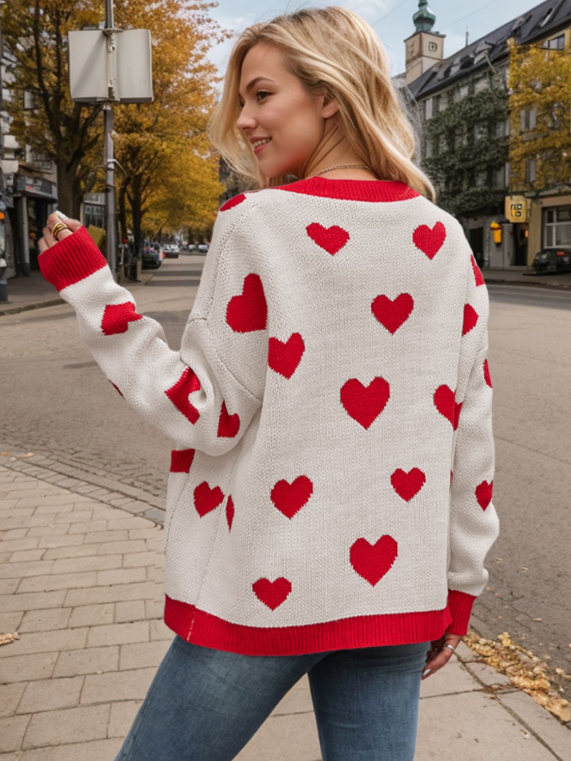 Heart Button Up Dropped Shoulder Long Sleeve Cardigan-Angel Casuals