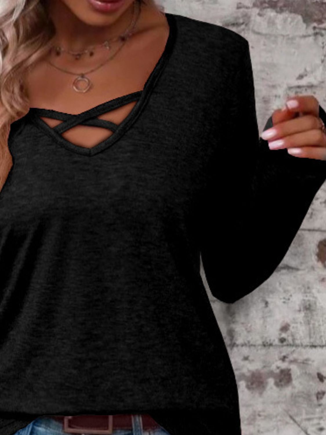 Crisscross V-Neck Long Sleeve T-Shirt-Angel Casuals