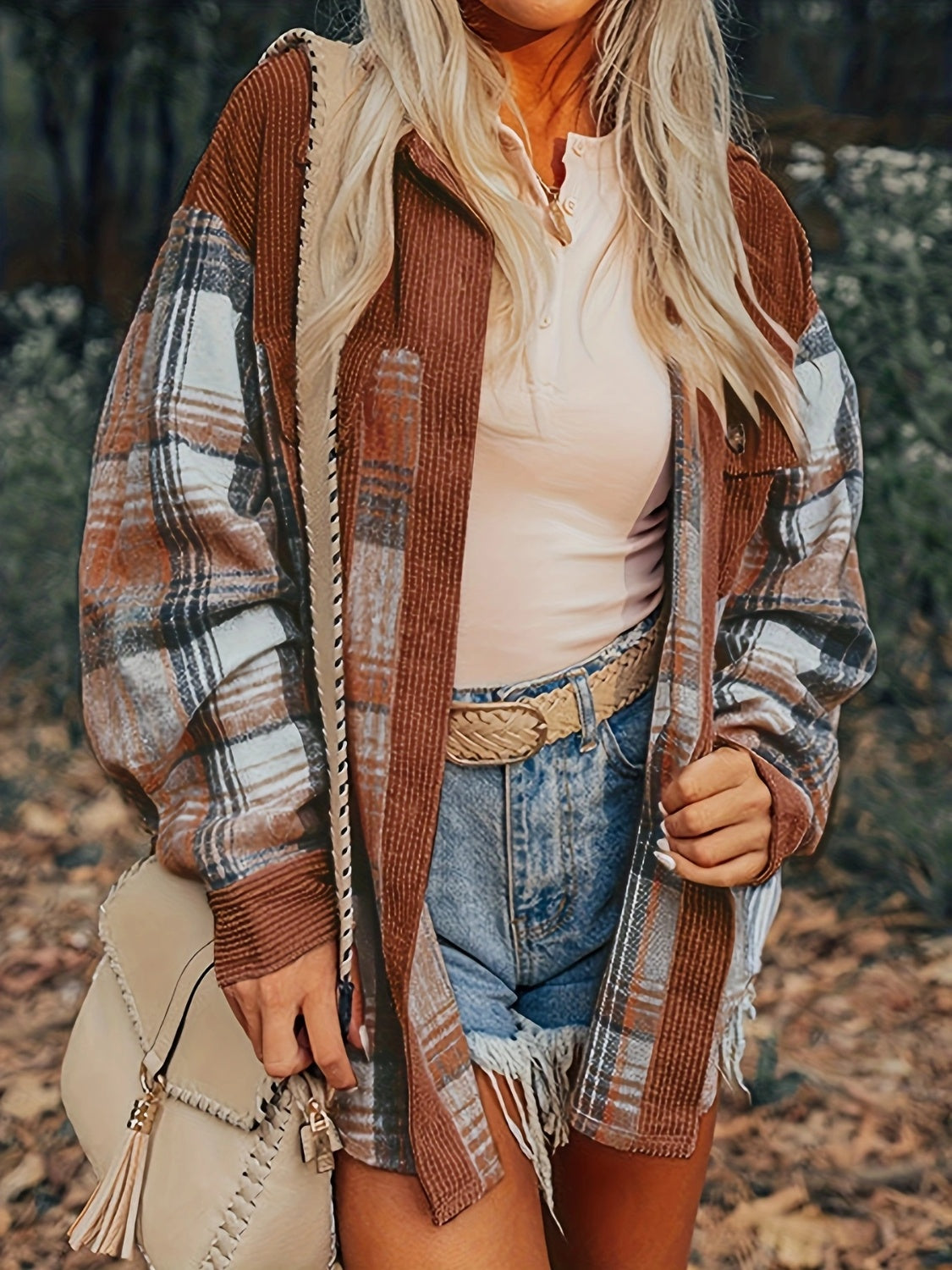 Plaid Collared Neck Button Up Shacket-Angel Casuals