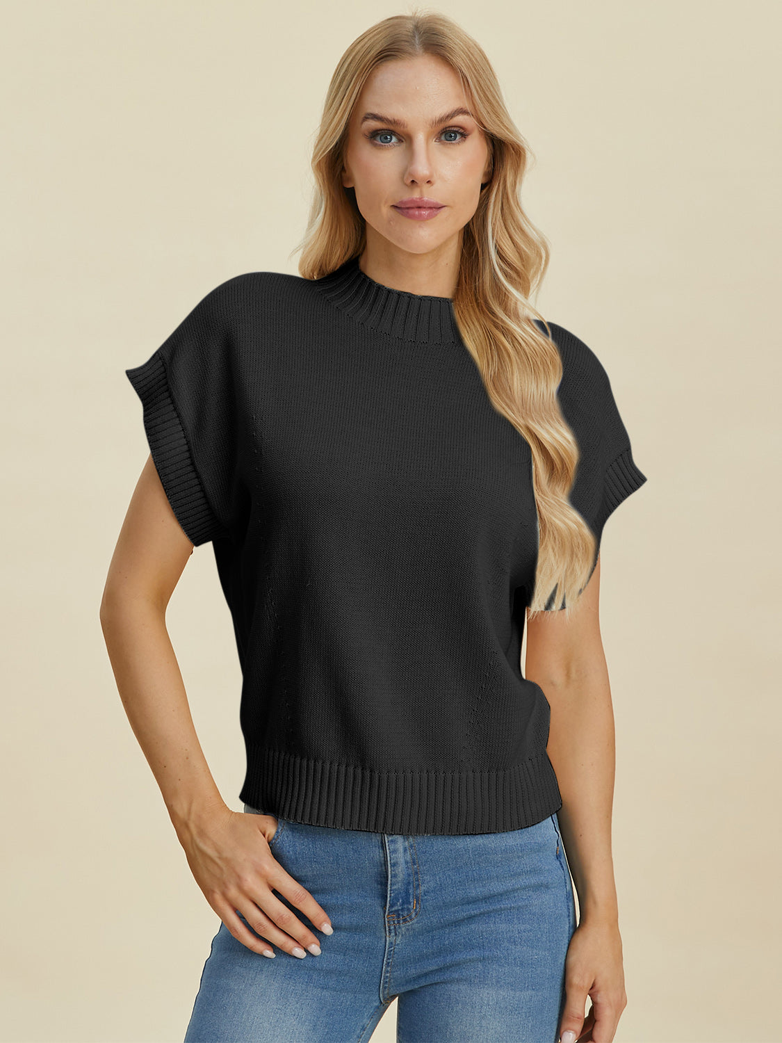 Double Take Full Size Mock Neck Short Sleeve Sweater-Angel Casuals