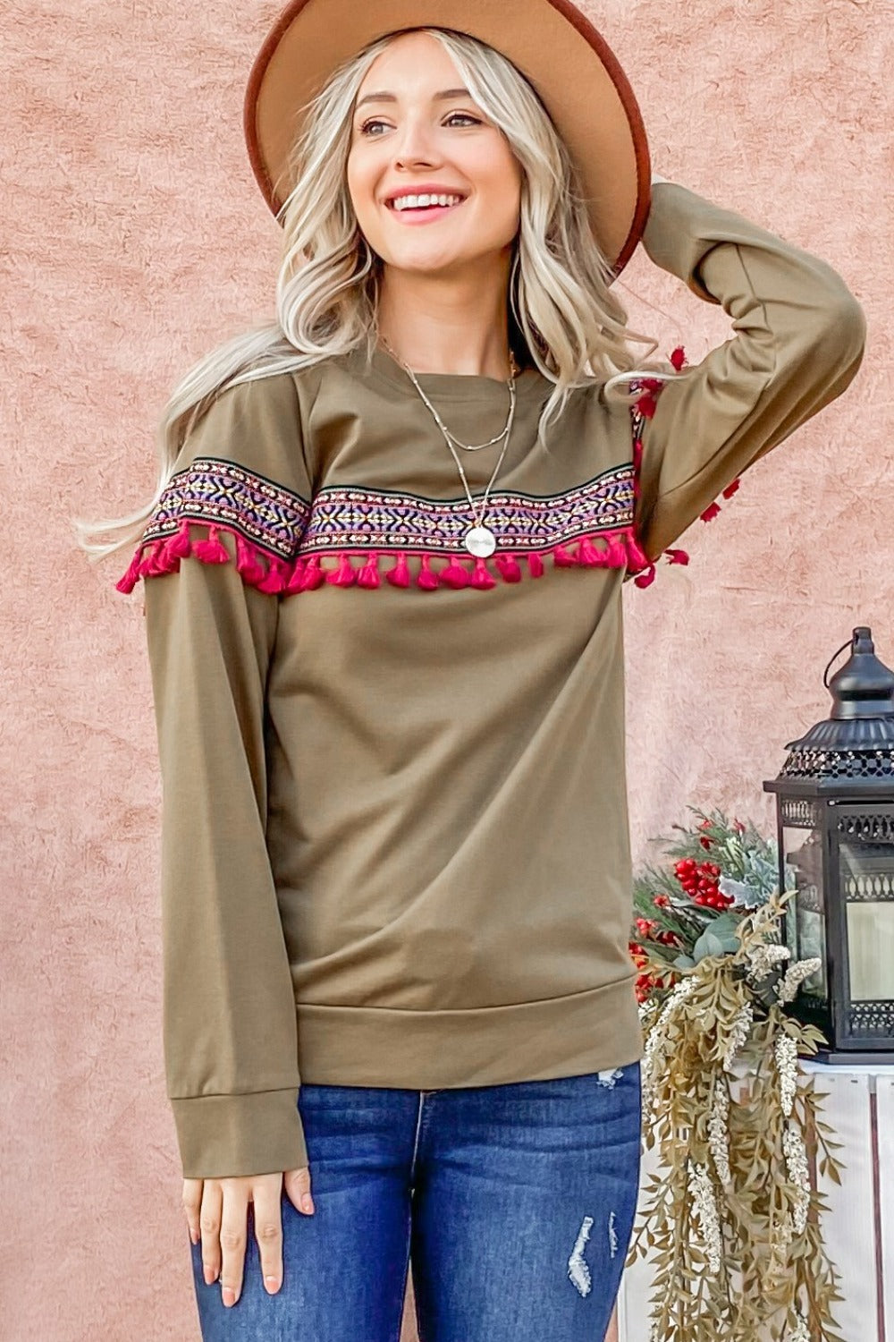 And The Why Ethnic Ribbon Tassel Trim Top-Angel Casuals