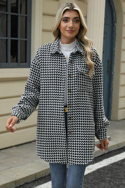 Houndstooth Button Up Dropped Shoulder Coat-Angel Casuals