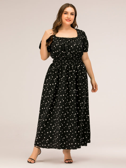 Plus Size Polka Dot Square Neck Dress-Angel Casuals