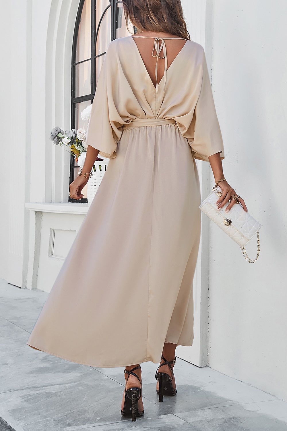 Slit Tied V-Neck Three-Quarter Sleeve Dress-Angel Casuals