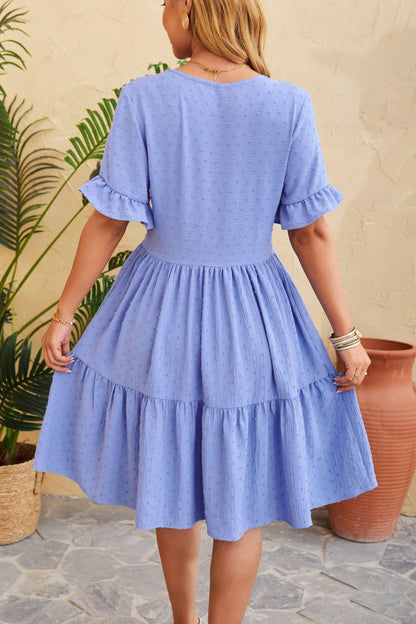 Swiss Dot Ruffled V-Neck Tiered Dress-Angel Casuals